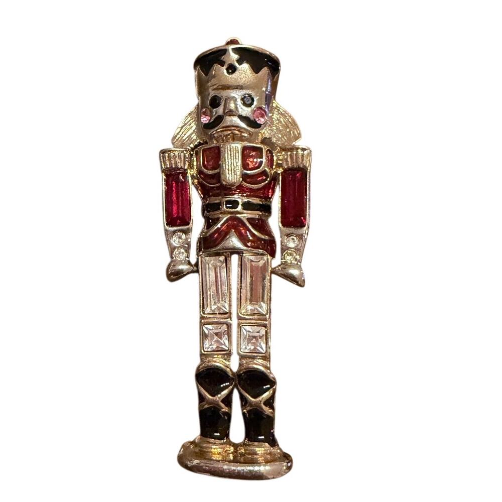 Vintage Monet Nutcracker Soldier Brooch Red Enamel Rhinestone Christmas Pin